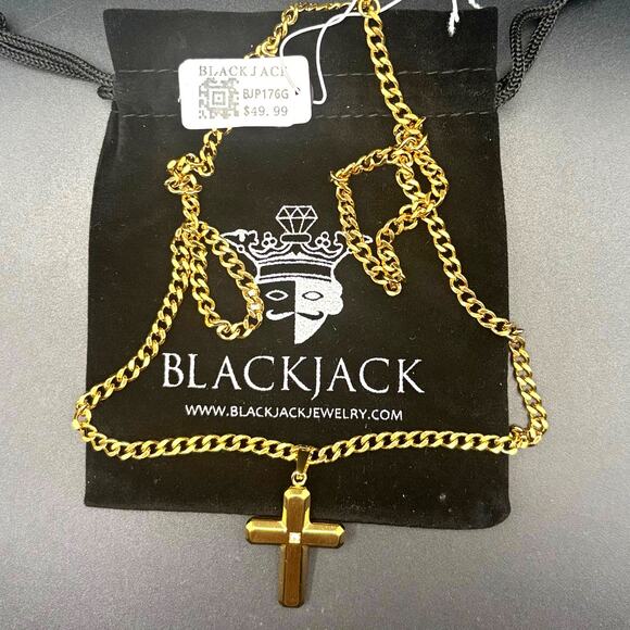 Blackjack BJP176G Mens Gold Stainless Steel Cross Pendant Necklace With CZ NIBWT - Picture 6 of 17